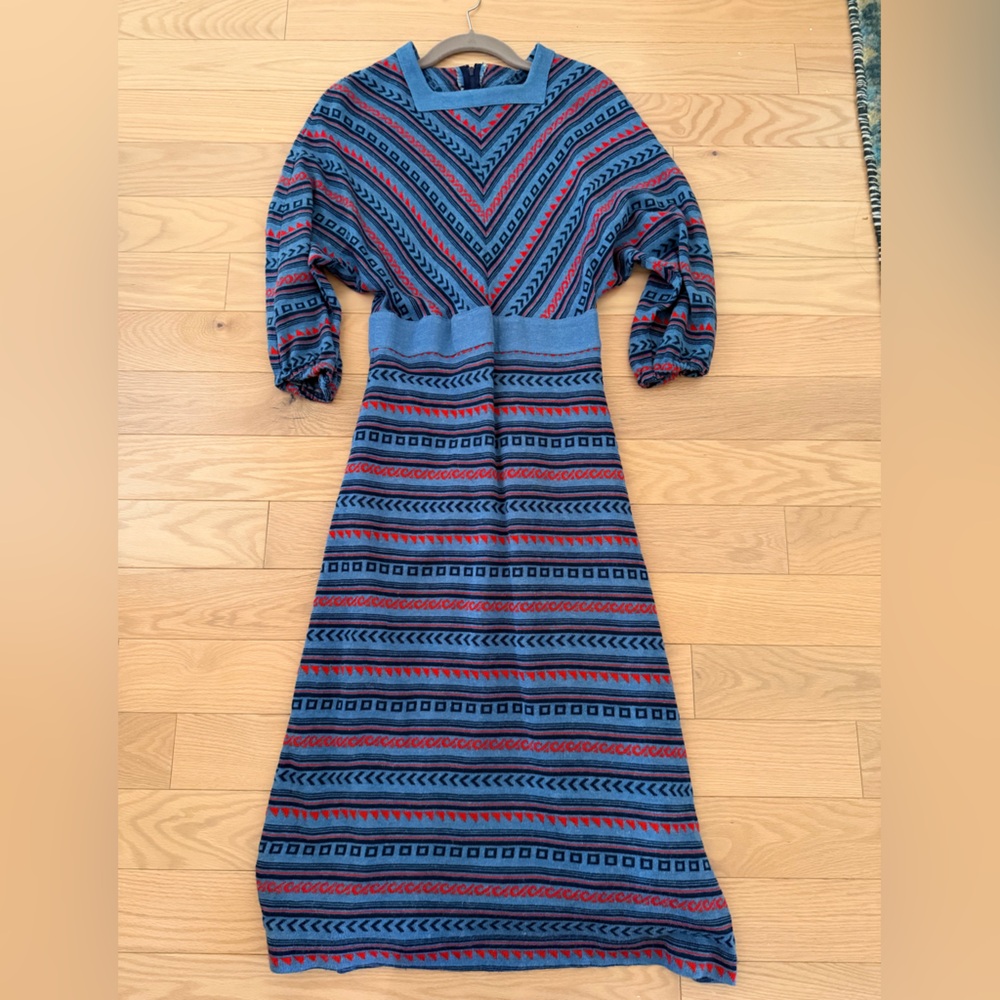 70s Geometric Knit Midi Dress Blue Red Chevron Proprietors Vintage Hudson 0/2